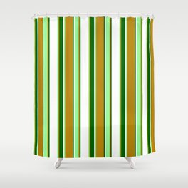 [ Thumbnail: Dark Goldenrod, Green, White & Dark Green Colored Striped Pattern Shower Curtain ]