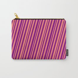 [ Thumbnail: Salmon and Purple Colored Stripes Pattern Carry-All Pouch ]