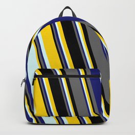 [ Thumbnail: Yellow, Light Cyan, Midnight Blue, Dim Grey & Black Colored Striped Pattern Backpack ]