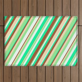 [ Thumbnail: Eye-catching Green, Sienna, Tan, Light Green, and Mint Cream Colored Striped/Lined Pattern Outdoor Rug ]