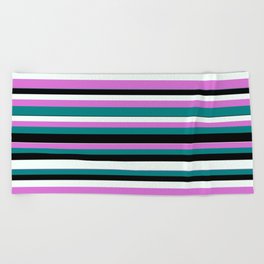 [ Thumbnail: Orchid, Teal, Black, and Mint Cream Colored Striped/Lined Pattern Beach Towel ]