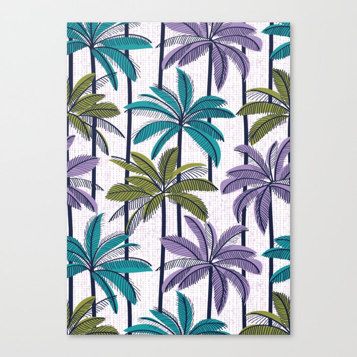 Retro Palm Springs vibes // white background highball green peacock blue and violet palm trees oxford navy blue lines Canvas Print