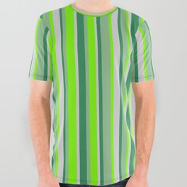 [ Thumbnail: Dark Sea Green, Sea Green, Light Grey, and Green Colored Lines/Stripes Pattern All Over Graphic Tee ]