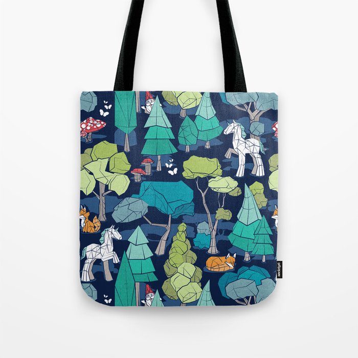 Geometric whimsical wonderland // navy blue background green forest with unicorns foxes gnomes and mushrooms Tote Bag