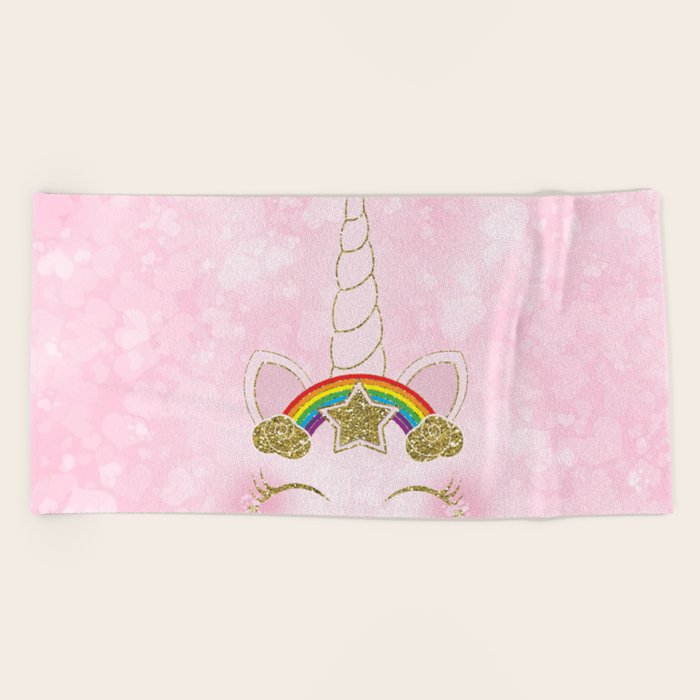 Pink Hearts & Rainbow Unicorn Horn Beach Towel by Christyne Society6