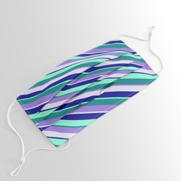 [ Thumbnail: Eye-catching Teal, Purple, Lavender, Dark Blue, and Aquamarine Colored Pattern of Stripes Face Mask ]