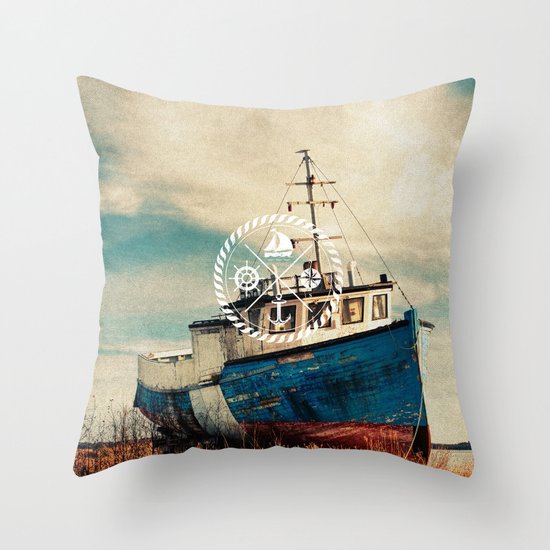 Blue Brown Vintage Nautical Anchor Sailing Boat Throw Pillow