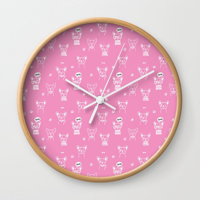 Pink and White Hand Drawn Dog Puppy Pattern Wall Clock