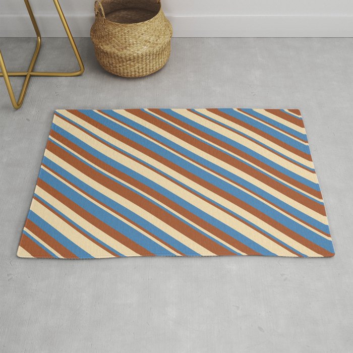 Tan, Blue & Sienna Colored Stripes/Lines Pattern Rug
