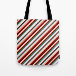 [ Thumbnail: Light Salmon, Maroon, Sea Green & Lavender Colored Lined/Striped Pattern Tote Bag ]