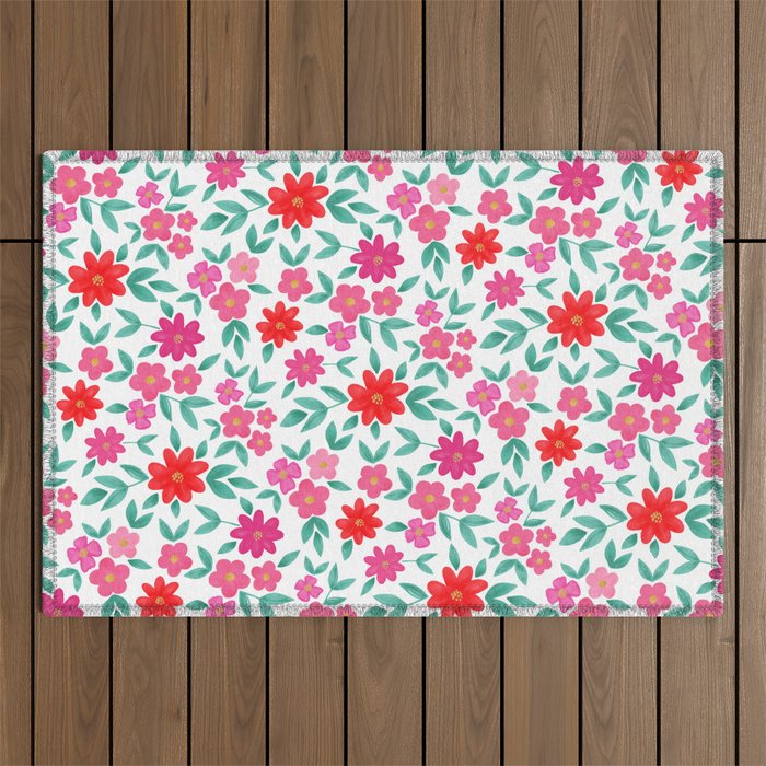 Watercolor Flowers of Joy and Happiness, Colorful Floral Hand-painted Pattern, Flower Market Paris Outdoor Rug
