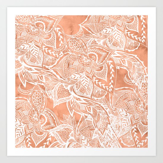 Modern tan copper terracotta watercolor floral white boho hand drawn pattern Art Print