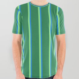 [ Thumbnail: Light Green, Blue & Sea Green Colored Lines Pattern All Over Graphic Tee ]