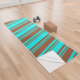 [ Thumbnail: Sienna & Cyan Colored Striped/Lined Pattern Yoga Towel ]