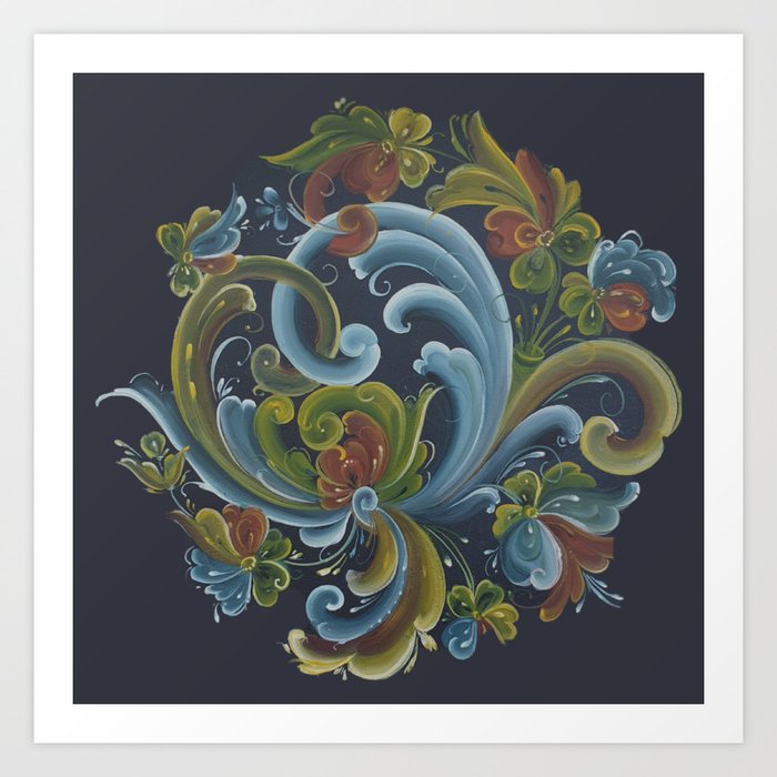 Telemark Norwegian Classic Rosemaling on Black Art Print