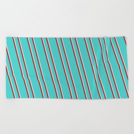 [ Thumbnail: Turquoise, Light Grey & Red Colored Lines/Stripes Pattern Beach Towel ]