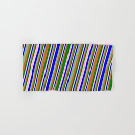 [ Thumbnail: Eyecatching Pink, Blue, Dark Sea Green, Chocolate, and Green Colored Pattern of Stripes Hand & Bath Towel ]
