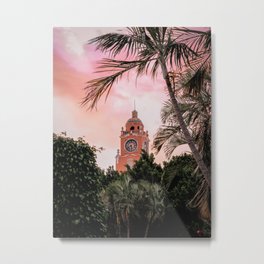 Pastel Sunset on Pink Bell Tower and Palms in Merida | Mexico Travel Photographs Metal Print | Palm, Color, Pastel, Pink, Merida, Mexican, Travel, Travelphotography, Art, Palmtree 