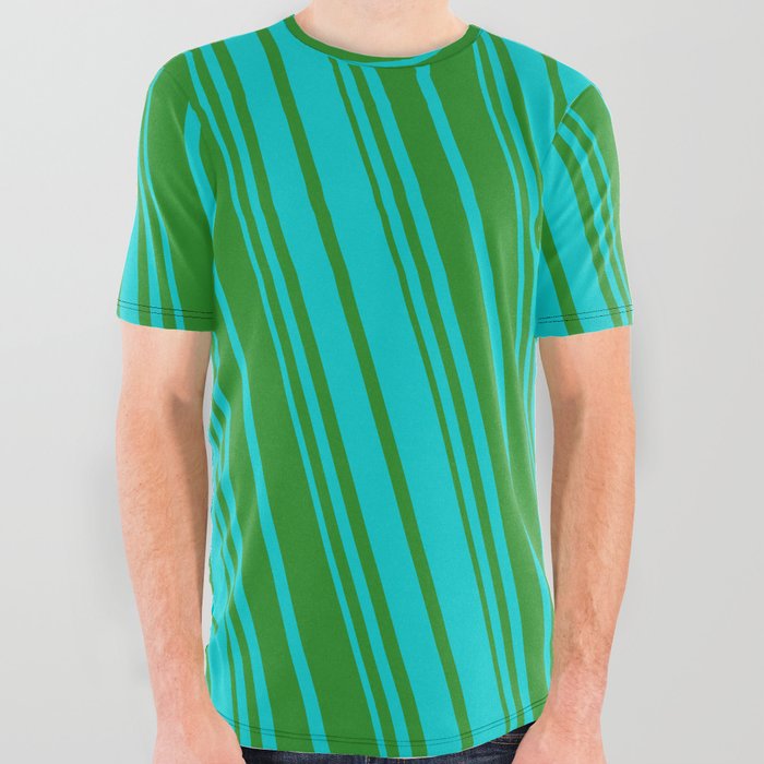 Forest Green & Dark Turquoise Colored Striped Pattern All Over Graphic Tee