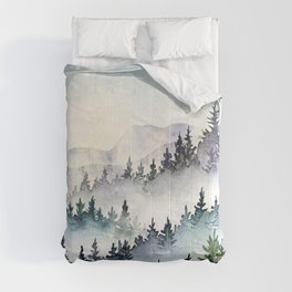 Misty Mountain Pines - Foggy Forest Watercolor Painting Comforter