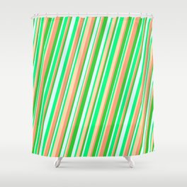 [ Thumbnail: Vibrant Light Cyan, Green, Tan, Light Salmon & Lime Green Colored Striped Pattern Shower Curtain ]