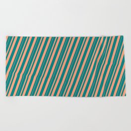 [ Thumbnail: Teal and Light Salmon Colored Pattern of Stripes Beach Towel ]
