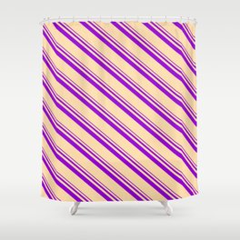 [ Thumbnail: Dark Violet and Tan Colored Stripes/Lines Pattern Shower Curtain ]