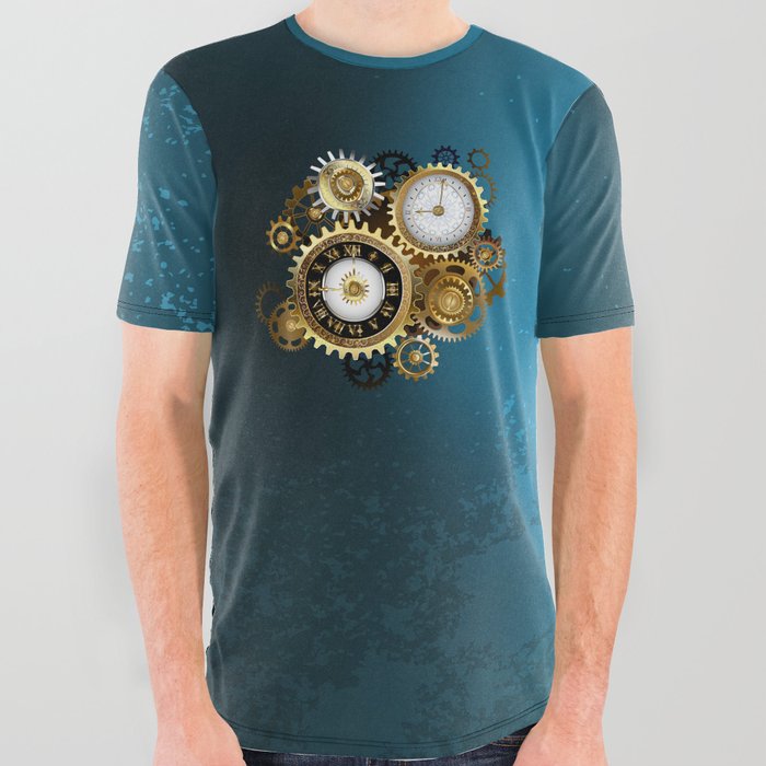 Two Steampunk Clocks with Gears All Over Graphic Tee