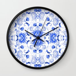greek blue and white bold paisley flower bohemian  Wall Clock
