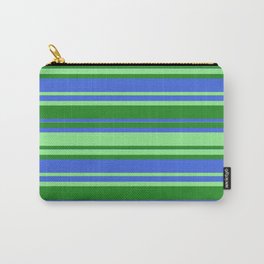 [ Thumbnail: Forest Green, Royal Blue & Light Green Colored Striped Pattern Carry-All Pouch ]