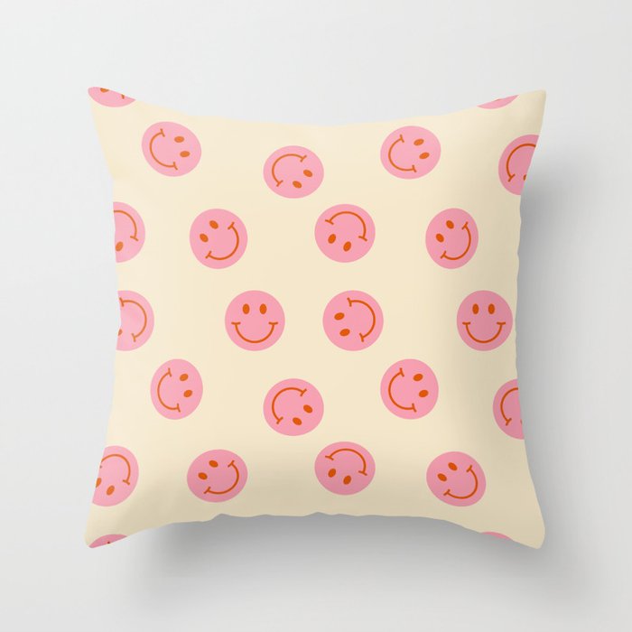 70s Retro Smiley Face Pattern in Beige & Pink Throw Pillow