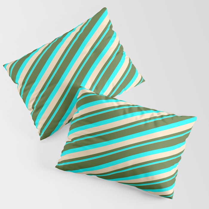 Dark Olive Green, Cyan & Bisque Colored Lined Pattern Pillow Sham