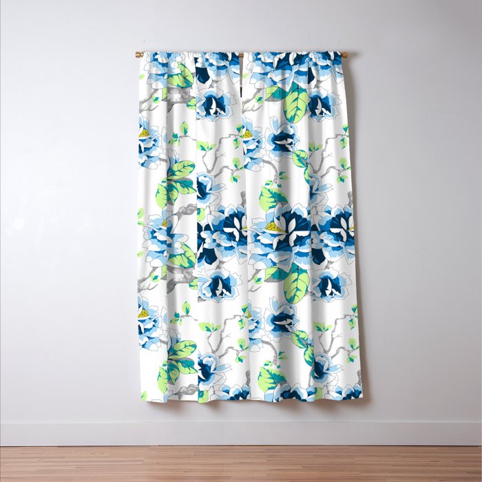 Chinoiserie Ming Style Blue Floral On White Pattern Spring Flowers