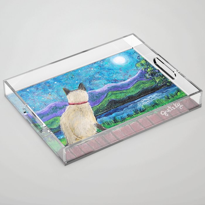 Siamese Cat In The Moonlight Painting Acrylic Tray By