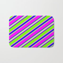 [ Thumbnail: Green, Light Gray, Fuchsia & Blue Colored Stripes/Lines Pattern Bath Mat ]