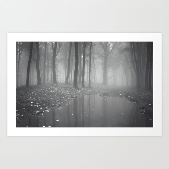 Foggy Dark & Eerie Forest (Black & White) Art Print