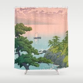 Hasui Kawase, Red Clouds Over The Sea - Vintage Japanese Woodblock Print Art Shower Curtain