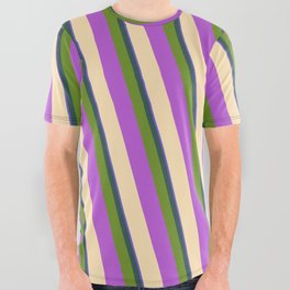 [ Thumbnail: Colorful Slate Blue, Dark Slate Gray, Green, Orchid & Beige Colored Striped Pattern All Over Graphic Tee ]