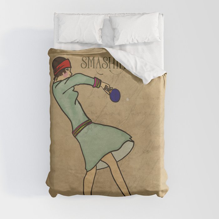 Smashing in Table Tennis, Vintage Inspired Sporting Woman Duvet Cover