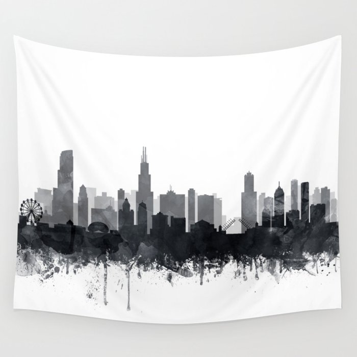 Chicago Skyline Watercolor Black & White by Zouzounio Art Wall Tapestry