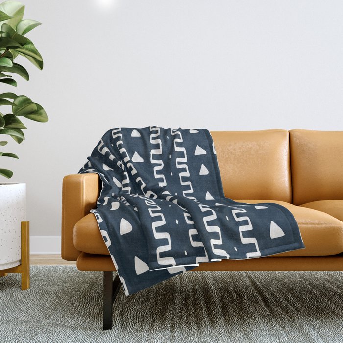 Merit Mud Cloth Navy Blue and White Triangle Pattern Throw Blanket