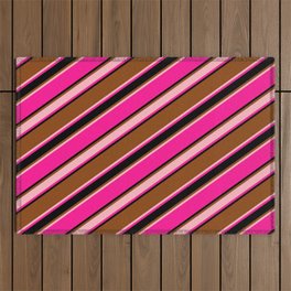 [ Thumbnail: Brown, Light Pink, Deep Pink & Black Colored Stripes/Lines Pattern Outdoor Rug ]