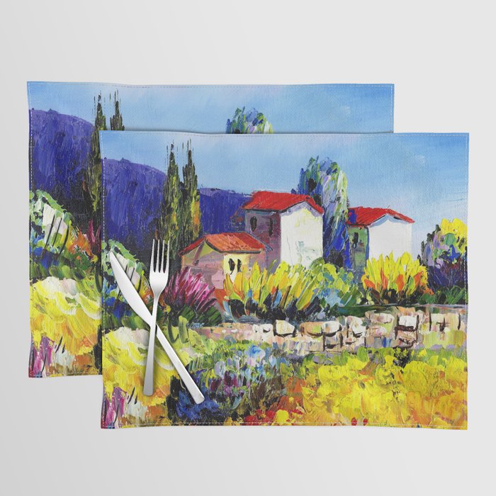 Mediterranean villa colorful tropical countryside garden and flowers flora and fauna landscape acrylic painting Placemat