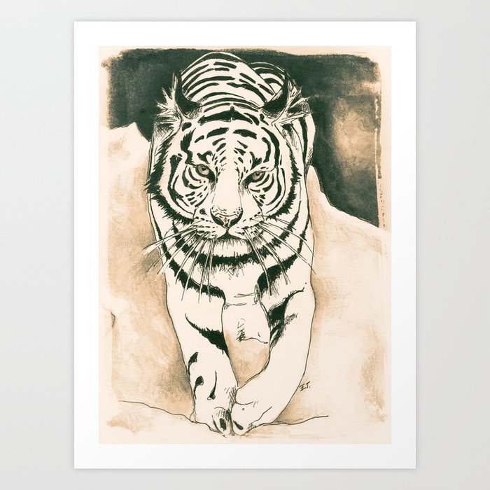 White Tiger Sepia Litograph Style Art Print