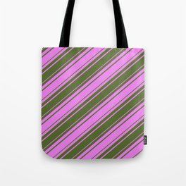 [ Thumbnail: Violet and Dark Olive Green Colored Lines/Stripes Pattern Tote Bag ]