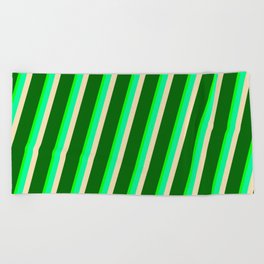 [ Thumbnail: Lime, Green, Tan & Dark Green Colored Striped/Lined Pattern Beach Towel ]