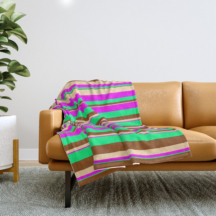 Tan, Fuchsia, Green & Brown Colored Striped Pattern Throw Blanket