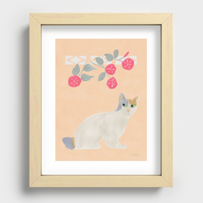 Calico Cat and Flower on Pink Recessed Framed Print