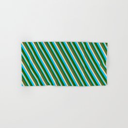 [ Thumbnail: Deep Sky Blue, Dark Green, Dark Olive Green & Tan Colored Pattern of Stripes Hand & Bath Towel ]