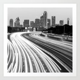 Dallas Skyline Traffic Black and White - Square 1x1 Format Art Print